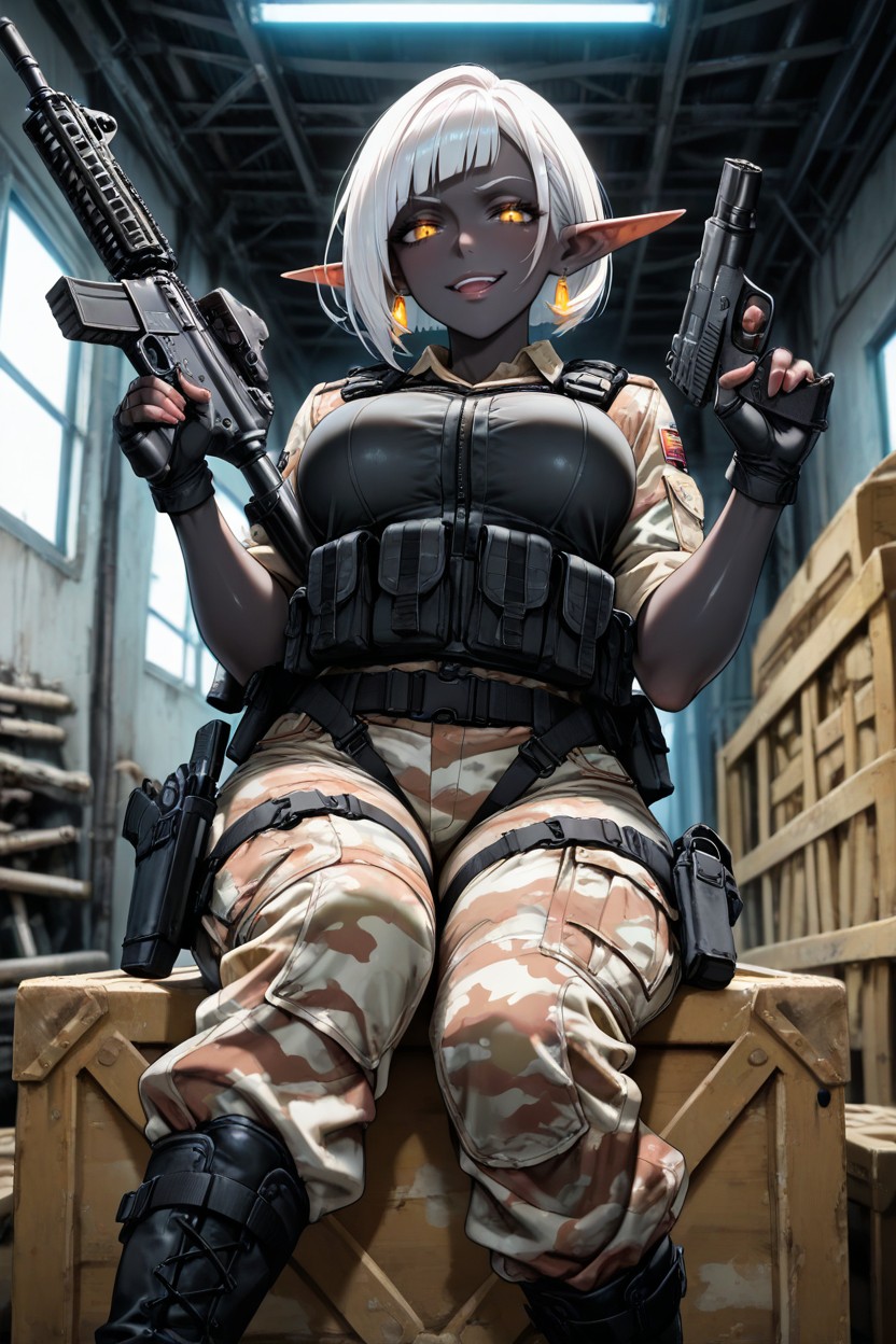Smug Expression, Sitting On A Crate, Black Skin Hentai AI Porn