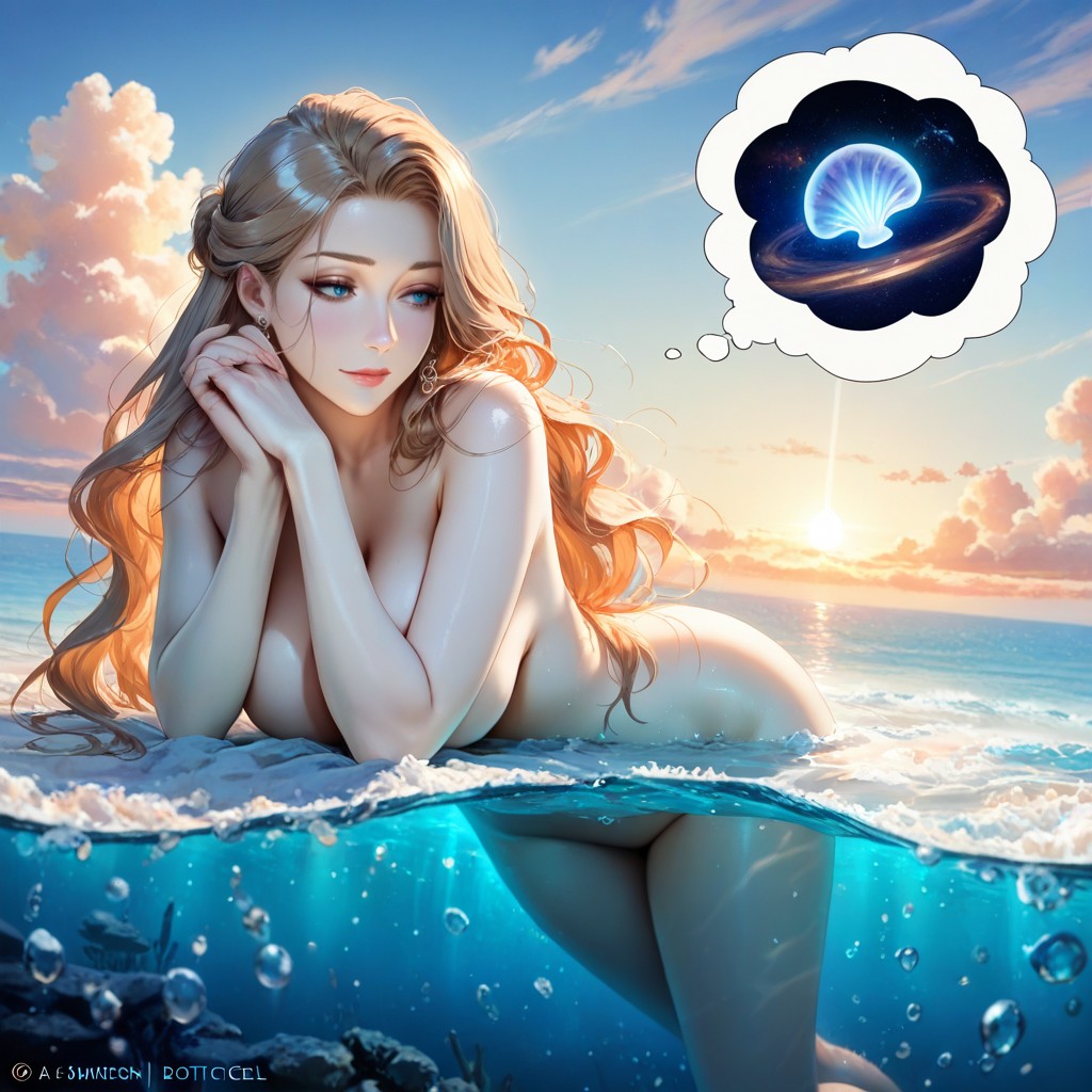 A Thought Bubble Above Her Head, Soft Pastel Sky, The Birth Of Venus Painting By Boticelli AI Porn