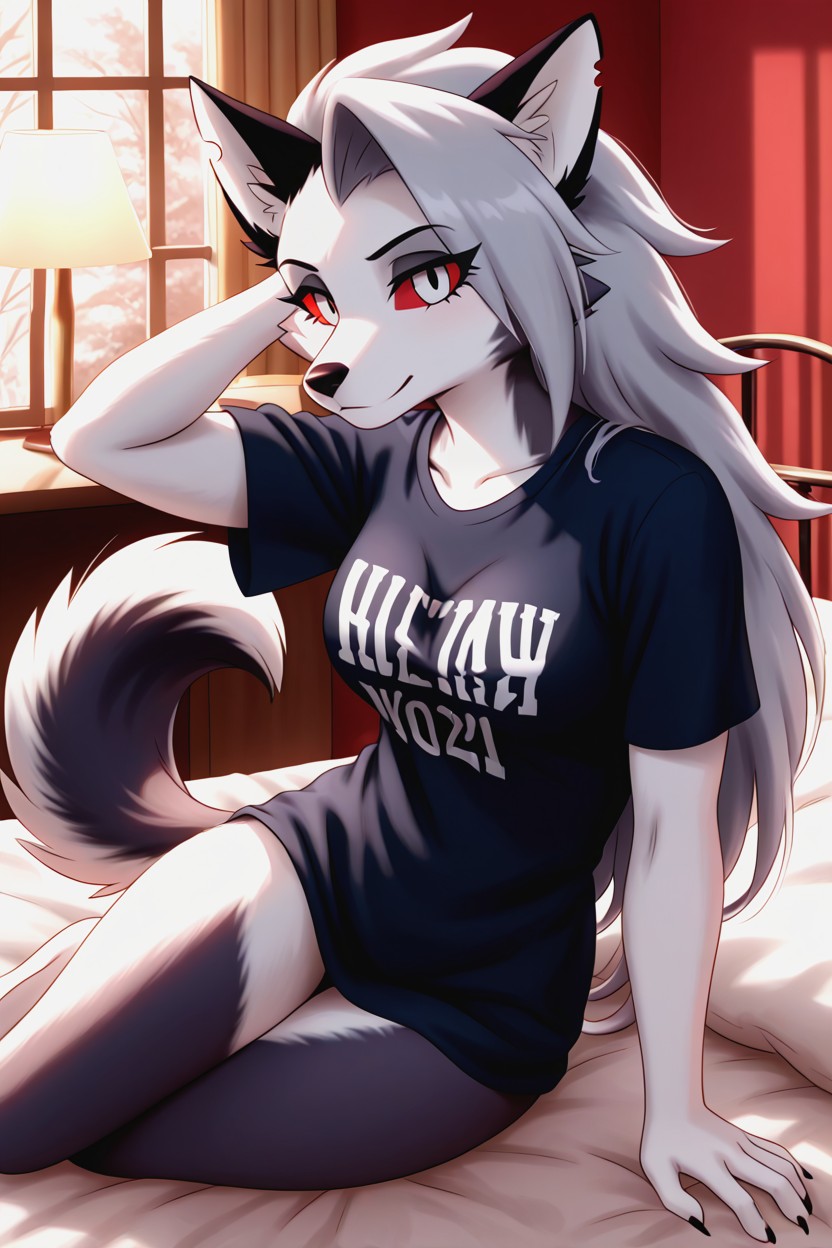 Angular Cheek Fur, No Pants, Red Eyes With Bold Eyeliner Furry AI Porn