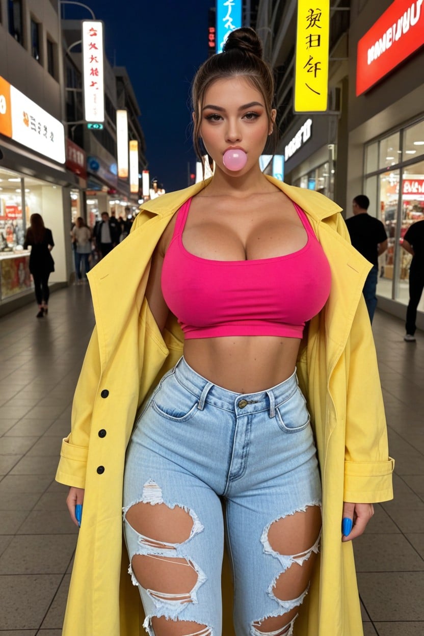 Oversized Yellow Trench Coat, Ripped Clothes, Extremely Large Ass AI Porn