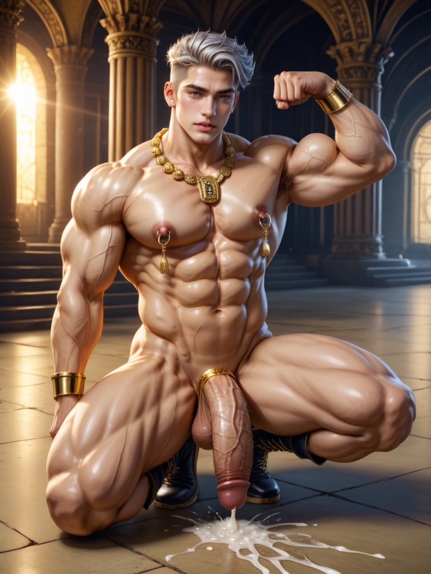 Hard Throbbing Torpedo Cock, Boulder Wide Shoulders, Golden Ornate Arm Bands AI Gay Porn