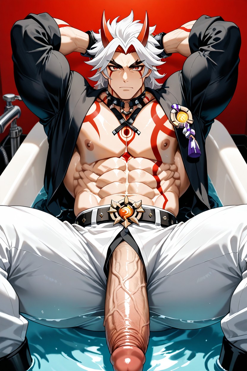 Oversized Muscles, Showing His Chest, Red AI Gay Porn
