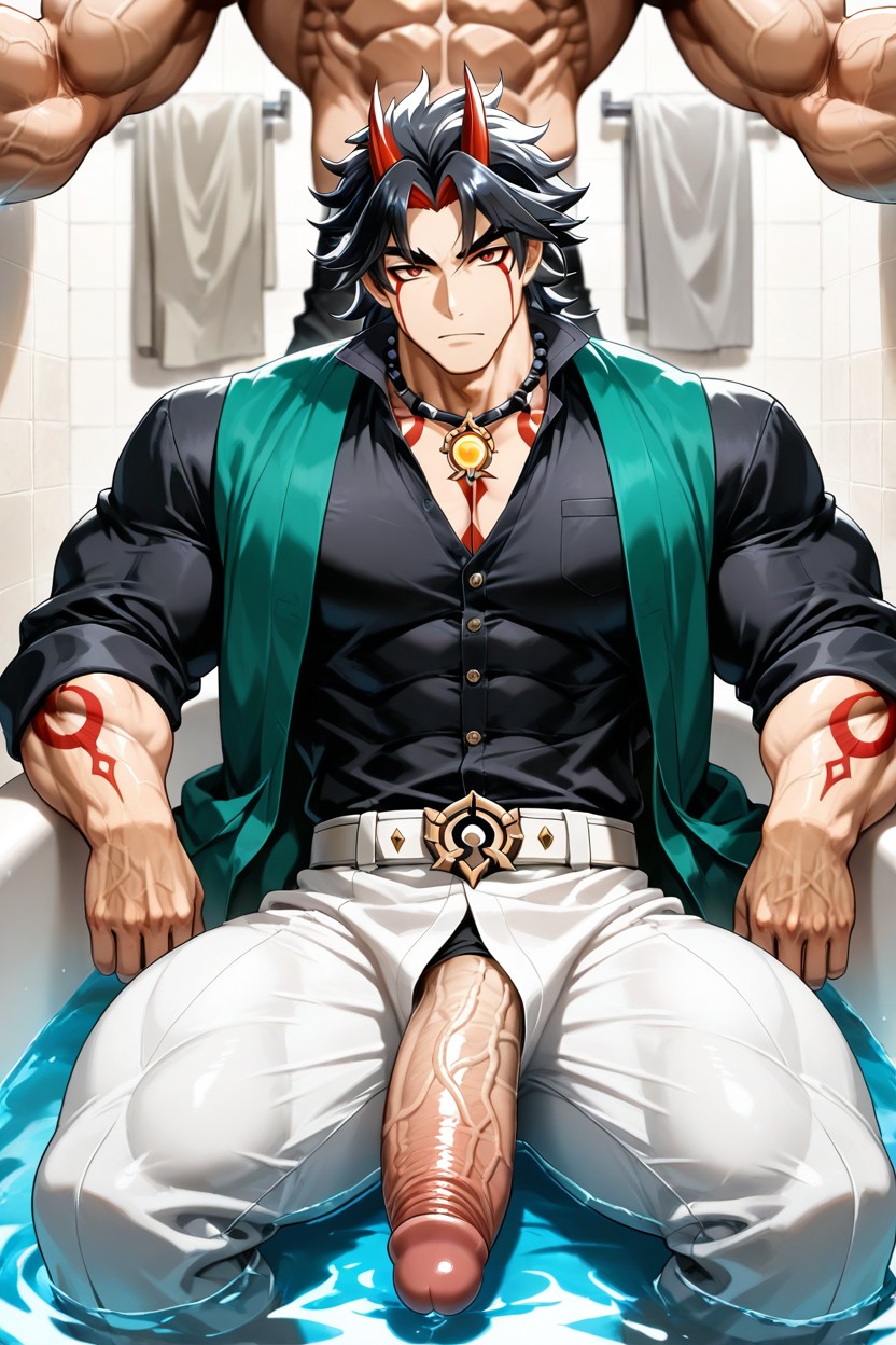 He Is Sitting In A Bathtub, Open At The Crotch, Back With Both Arms Resting Behind His Head In A Relaxed Pose AI Gay Porn