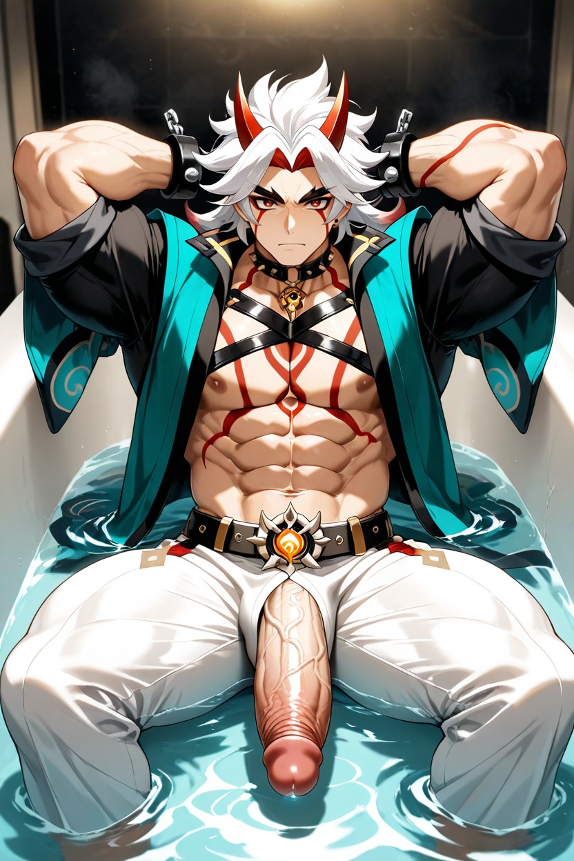 White Skin With His Fists Resting On His Thighs He Has Messy White Hair, Octane Render, Penis Bigger Than Body AI Gay Porn