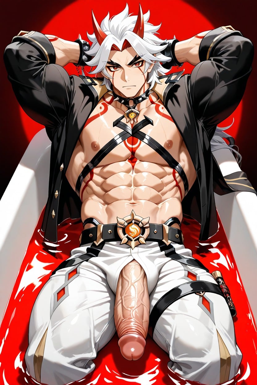 He Has A Gold Haori With White Edges And Black Japanese Characters On Each Side, Moody Lighting, Letting The Dick Out Over It AI Gay Porn