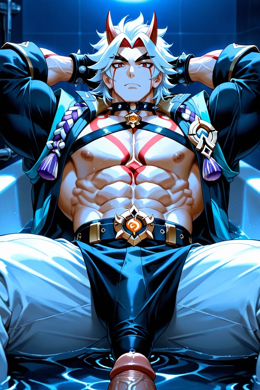 The Character Is A Muscular Man Sitting In Seiza, The Shirt Is Open At The Chest, Back With Both Arms Resting Behind His Head In A Relaxed Pose AI Gay Porn