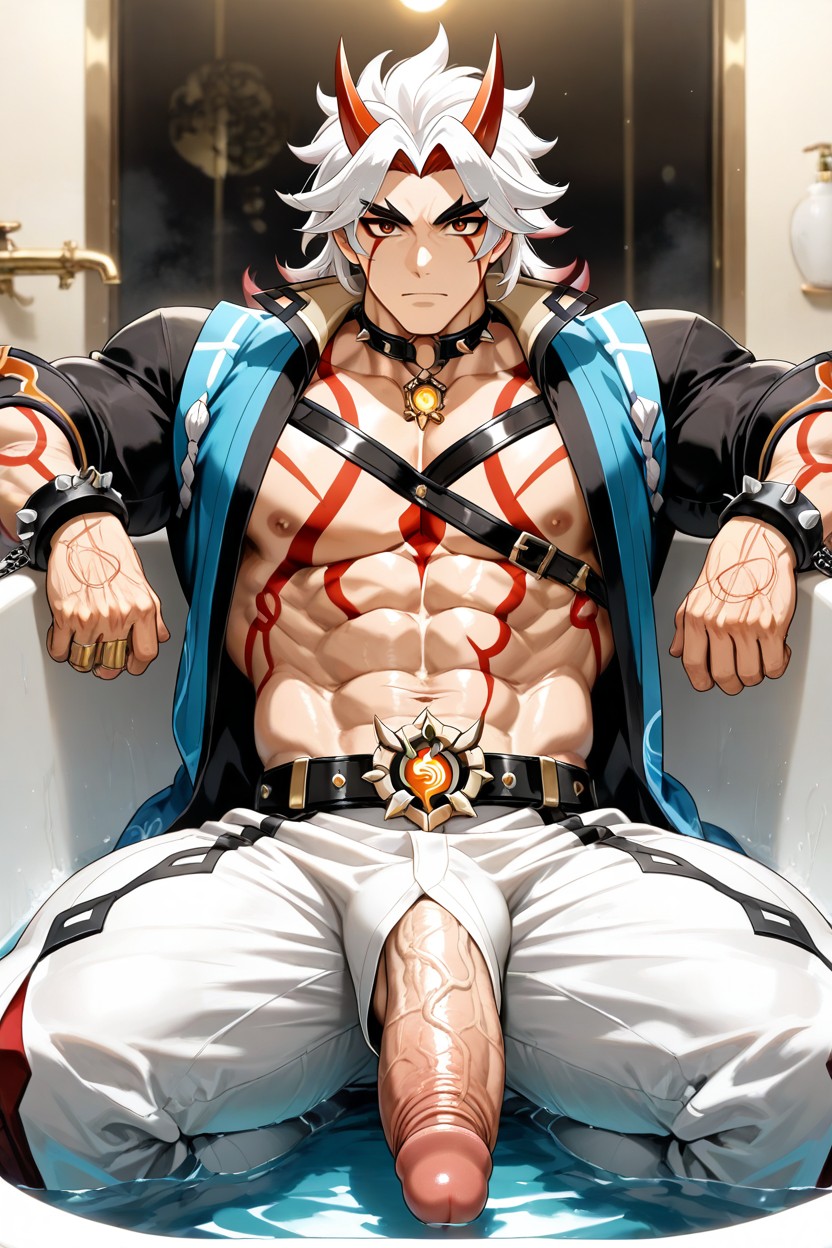 And Intense Blank Red Eyes His Black And White Uniform Is Open At The Chest, Muscular Physique, A Across His Forehead AI Gay Porn