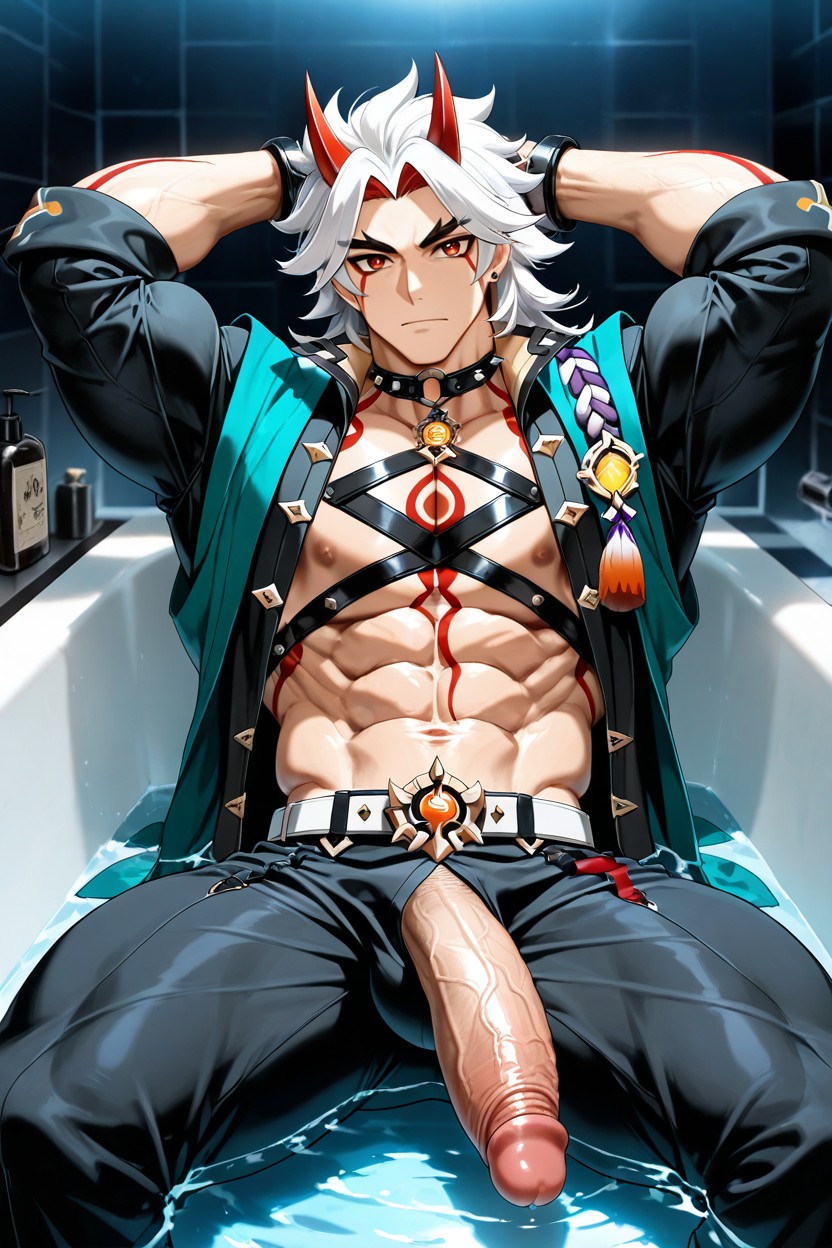 Fitted And Long-sleeved, He Is Sitting In A Bathtub, Bondage Outfit AI Gay Porn