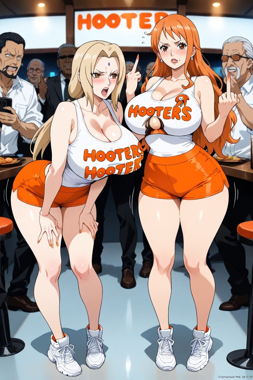 Both Are Wearing Casual Hooters-style Uniformsorange, High Resolution, Ashamed Hentai AI Porn