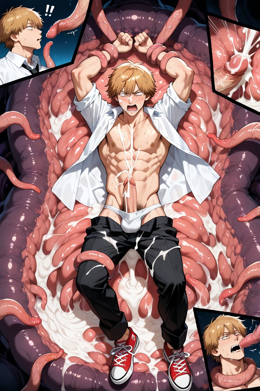 Long White Shirt And With Office Pants, Pubic Hair, Lying In A Nest Of Tentacles AI Gay Porn