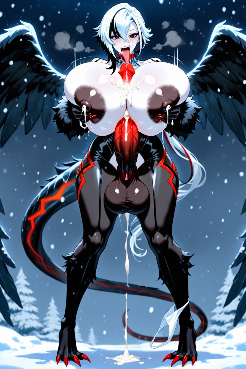 Futanari, Pussy Visible Behind The Erect Penis, Tattoos On Breasts Giving Birth Hentai AI Porn