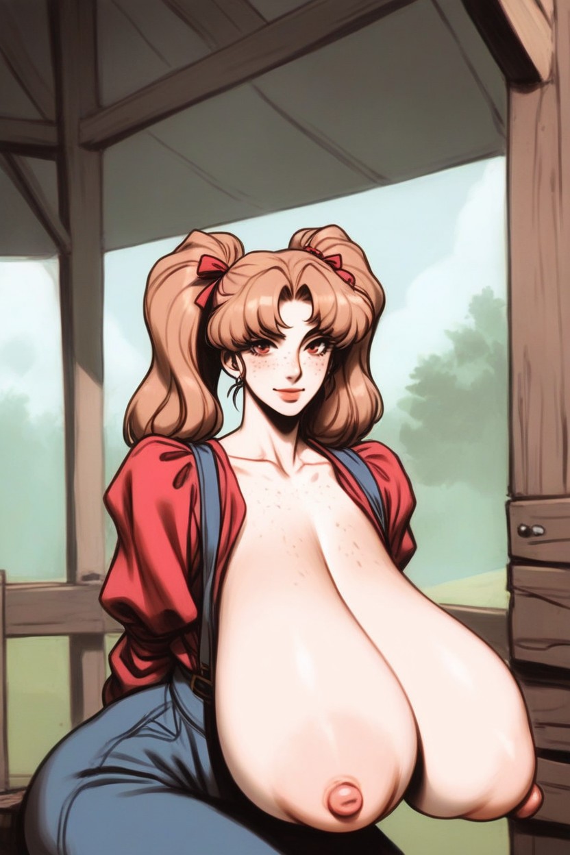 Excessive Saggy Tits, Standing Up Straight, Dual Ponytails AI Porn