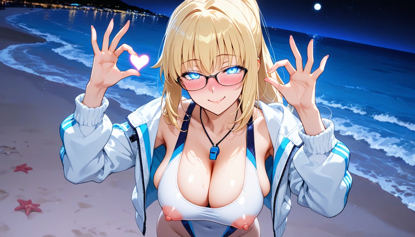 Hand Heart Signs, Ponytail, Blue Eyes Hentai AI Porn