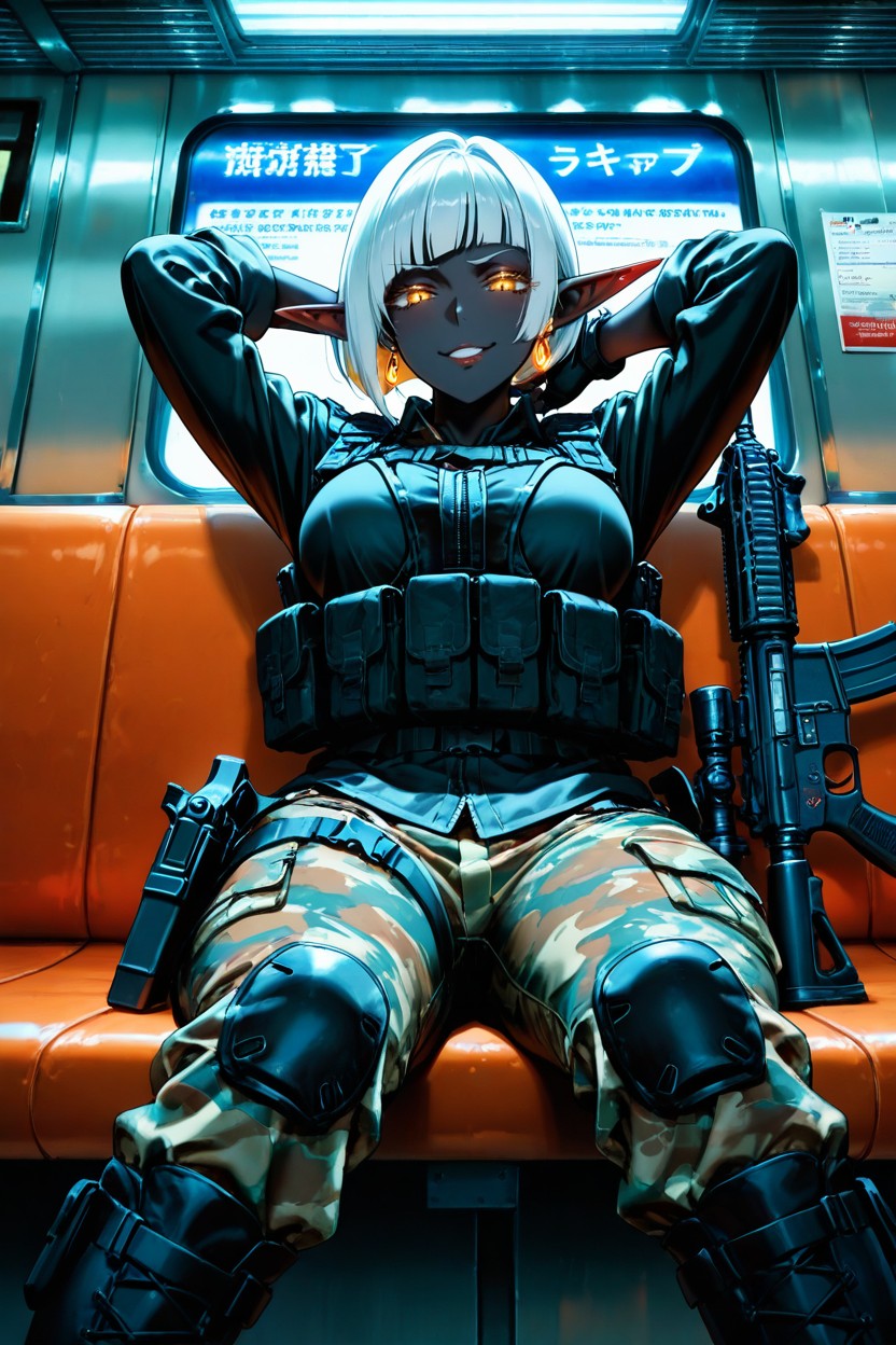 No Male, Rolled Up Blue Urban Camo Military Jacket, Shiny Skin Hentai AI Porn
