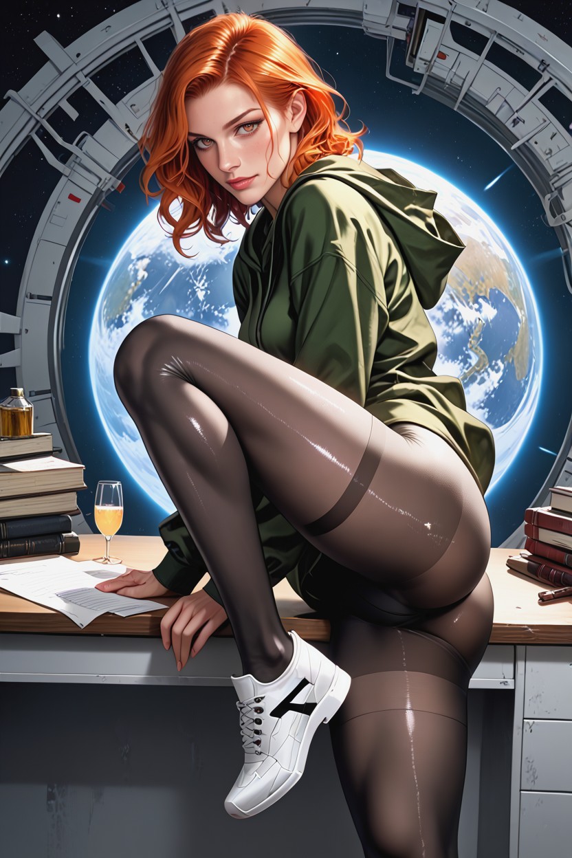 Spaceship, Wavy Red Hair, Hyperrealistic Hentai AI Porn