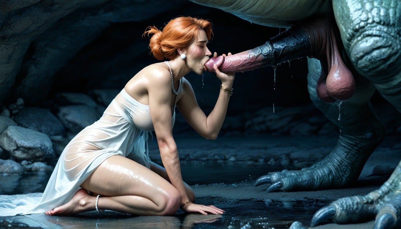 White Pearl Necklace, Woman Cover Her Breasts With Her Hand, Prehistoric AI Porn