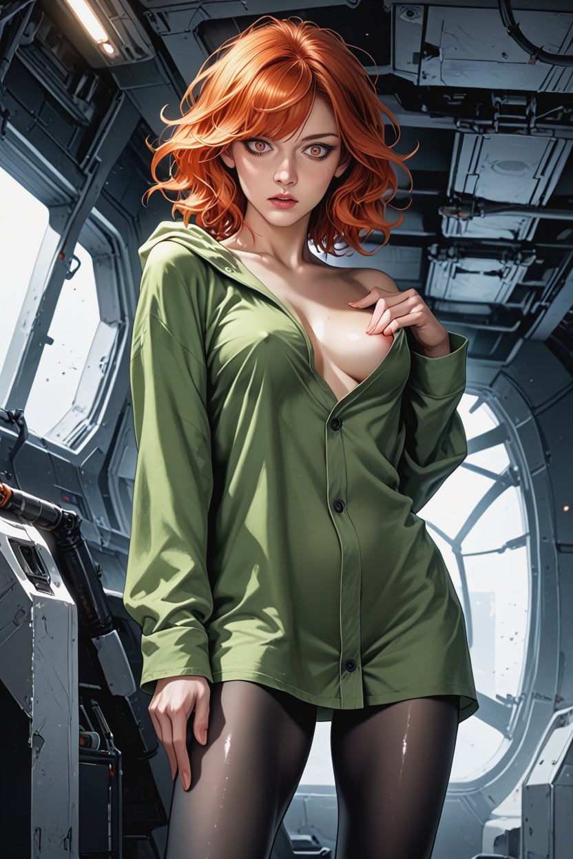 Oversized Green Hoodie, Off-shoulder, Seductive Hentai AI Porn