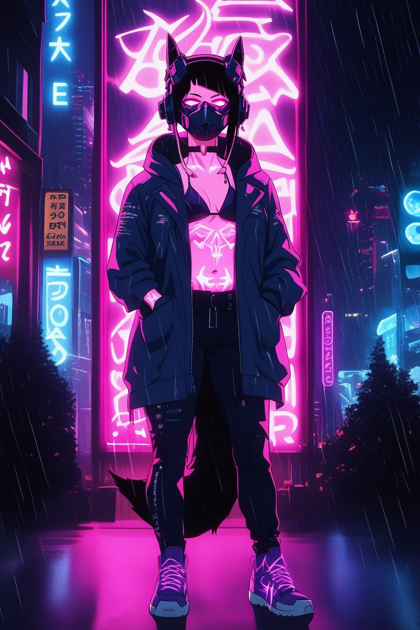 Open Jacket, Tattoo, Neon Signs Hentai AI Porn