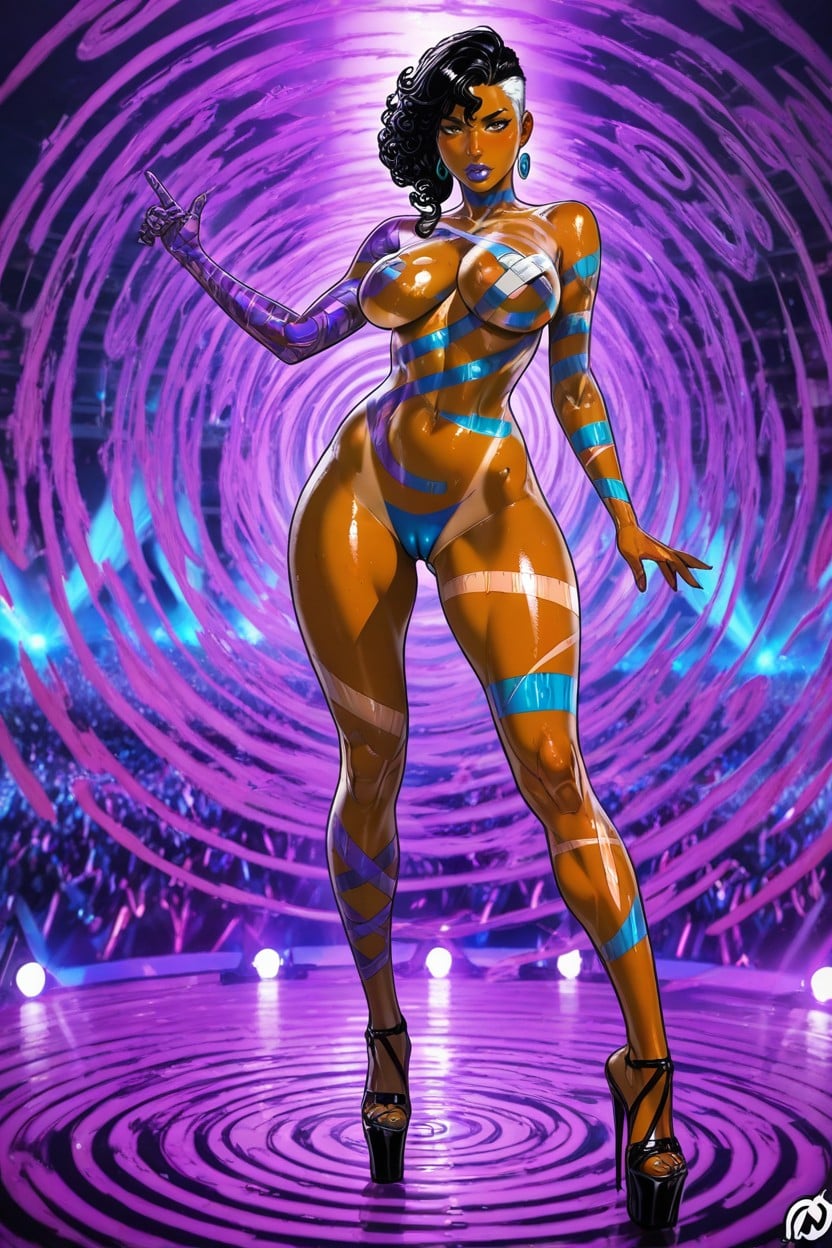Spiral Patterned Nipples, Violet Patterned Art On Body, Woman On Screens In The Background AI Porn