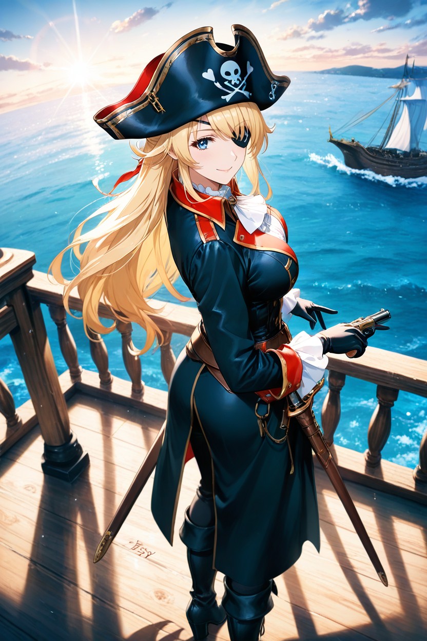 Ship Sails With Large Pirate Mark, Waist Shot, Hi Rise Boots Hentai AI Porn