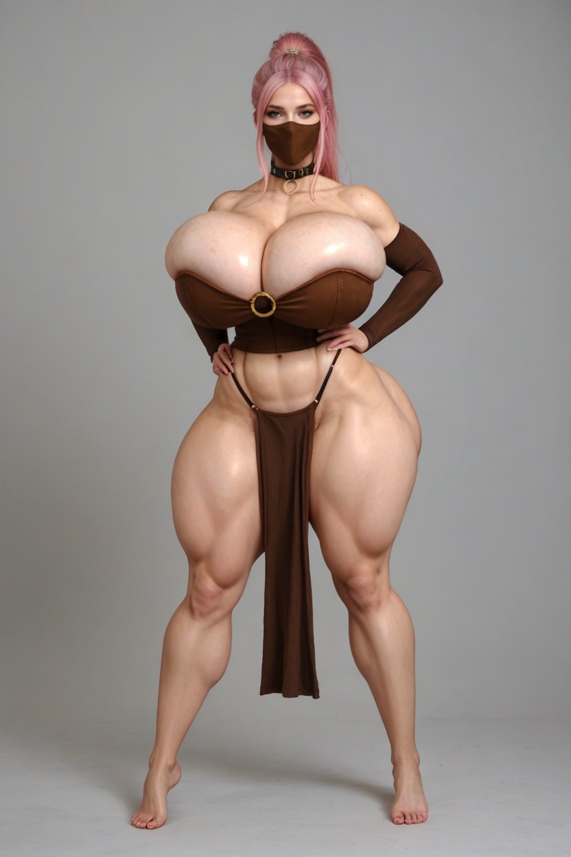 Grey Background, Brown Mask On Mouth, Extreme Hyper Waist AI Porn