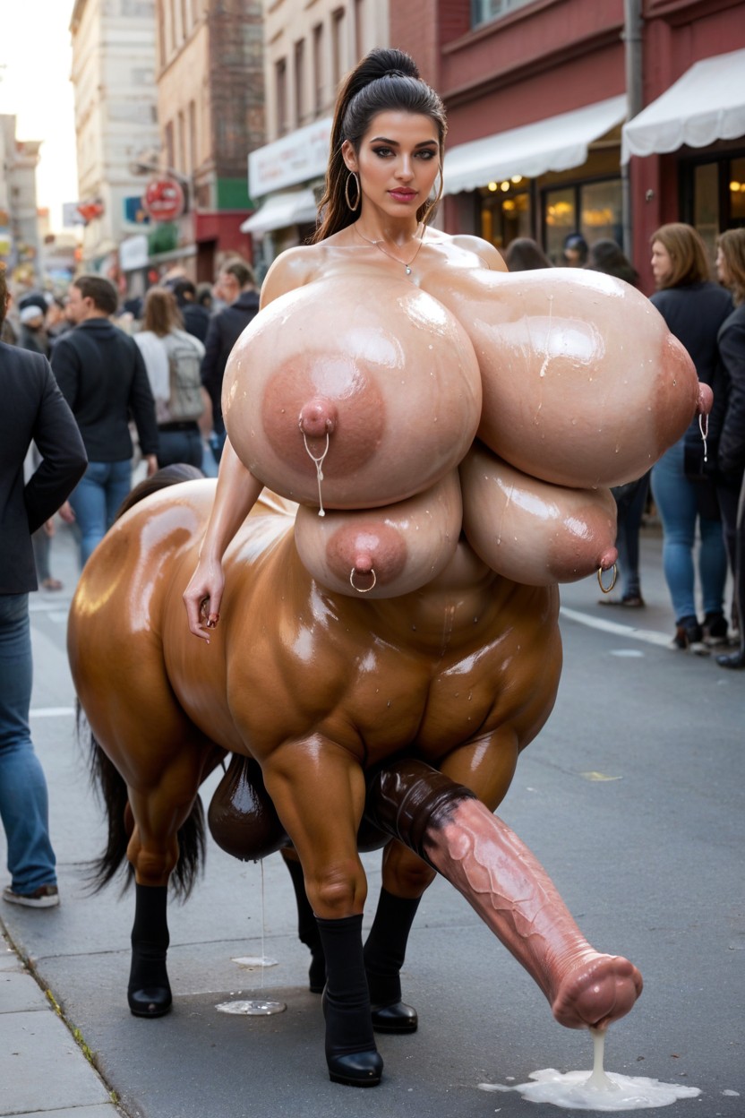 Shiny Oiled Skin, Side View, Hyper Huge Horsepenis Shemale AI Porn