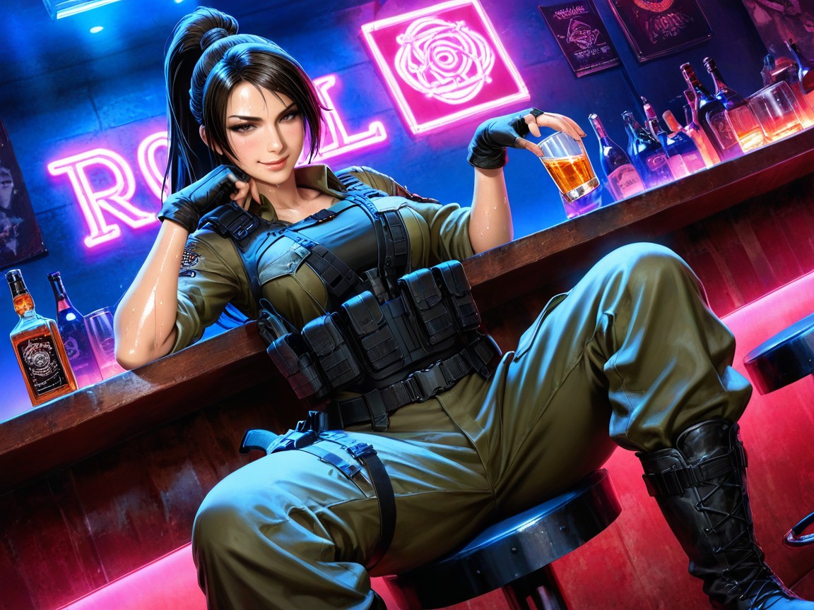 Dark Olive Cargo Pants, Neon, Sexy Pose Hentai AI Porn