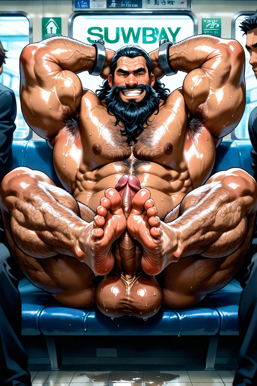 Hairy Balls, Bara, Jerking Off His Cock With His Feet KI Schwulenporno