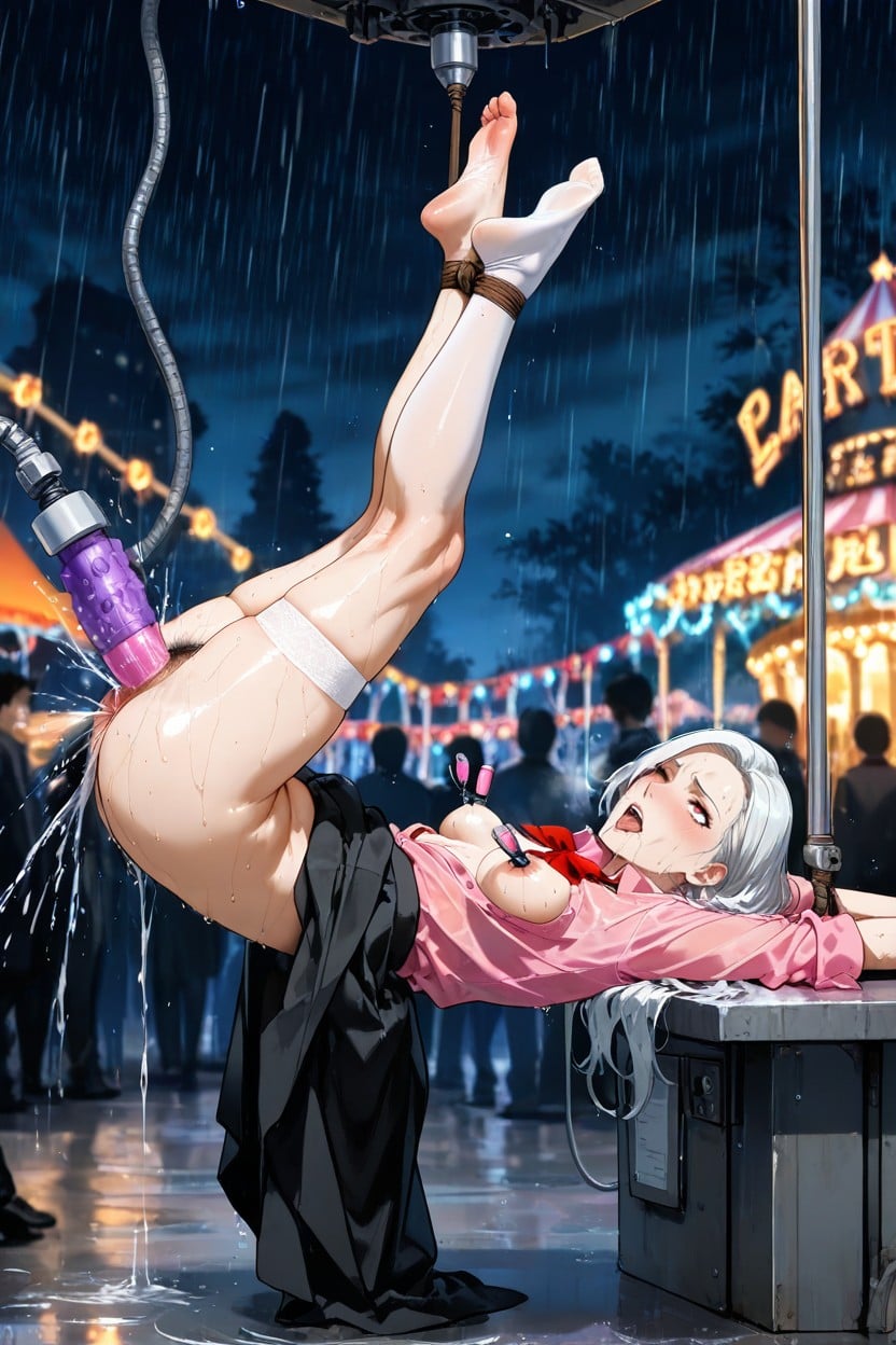 Fucking Machine Fucking Her Pussy At Maximum Speed, Vibrator In Pussy, Pubic Hair Hentai AI Porn