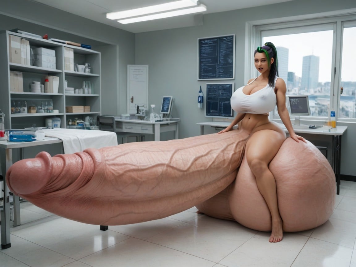 Hair Over One Eye, Hyper Cock Growth Dimly Lit, Balls Are Big Enough To Touch The Floor Shemale AI Porn