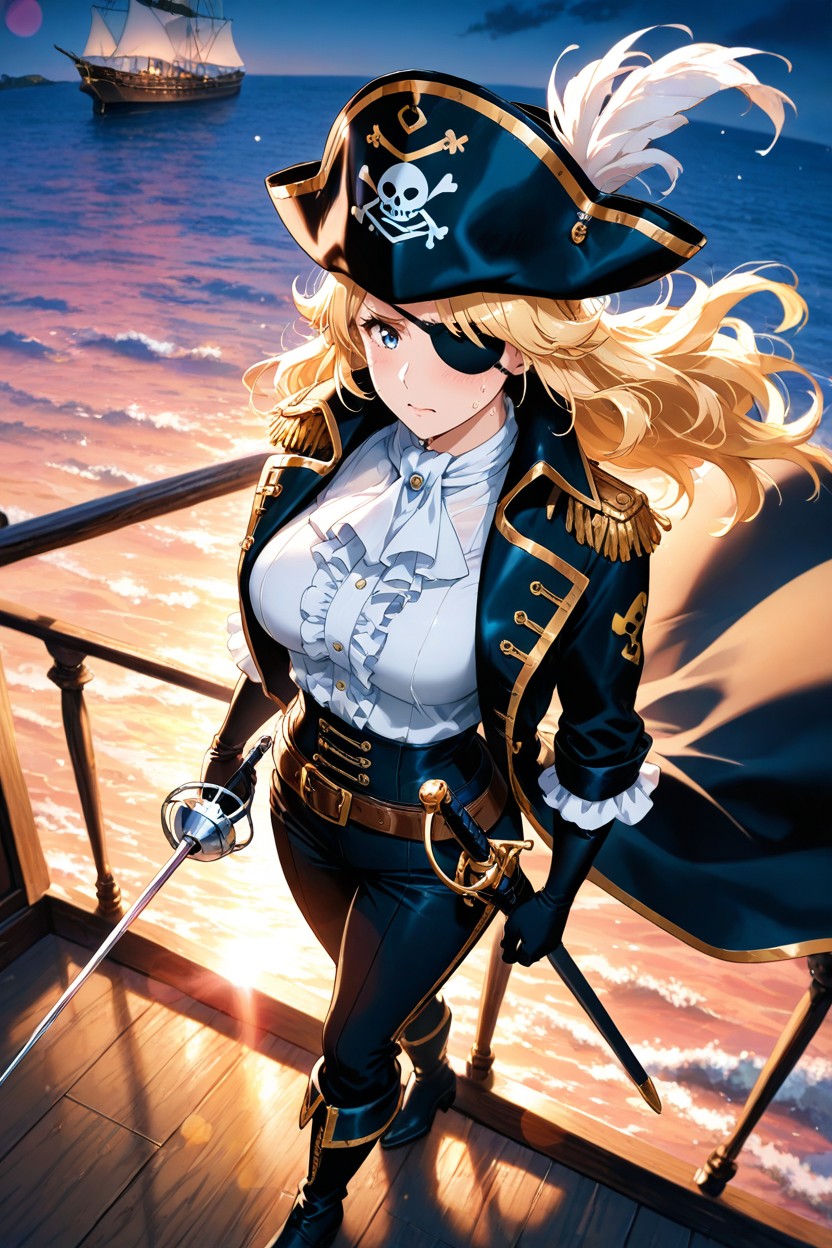 Black Cloth Pants, On A Wooden Galleon Ship, Waist Hentai AI Porn