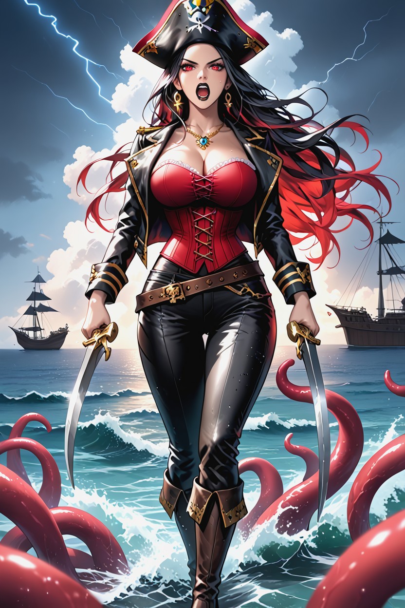 Dark Skies, Brown Boots, Long Black Hair Pirate Woman Hentai AI Porn