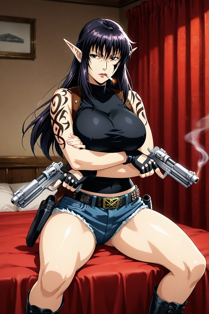 Dynamic Jump With Guns Drawn, Pistols Ready, Cosplaying Hentai AI Porn