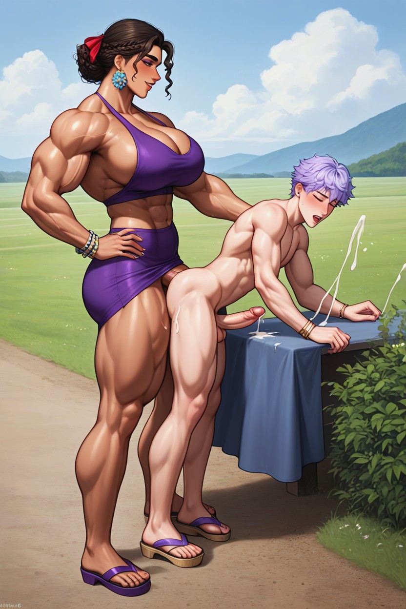 Orgasm, White Puff-sleeved Top, Futa Muscular Shemale AI Porn