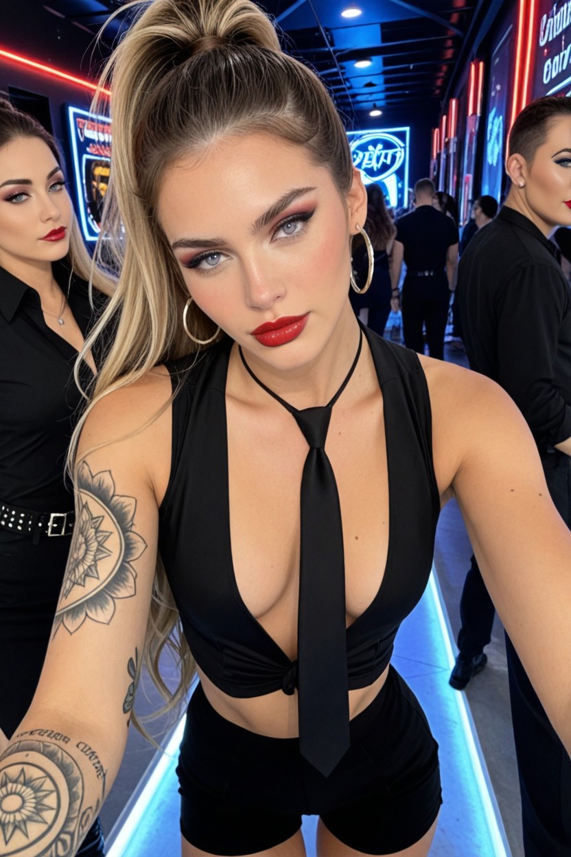 Sleek Ponytail, Full Arm Tattoos, Timid AI Porn