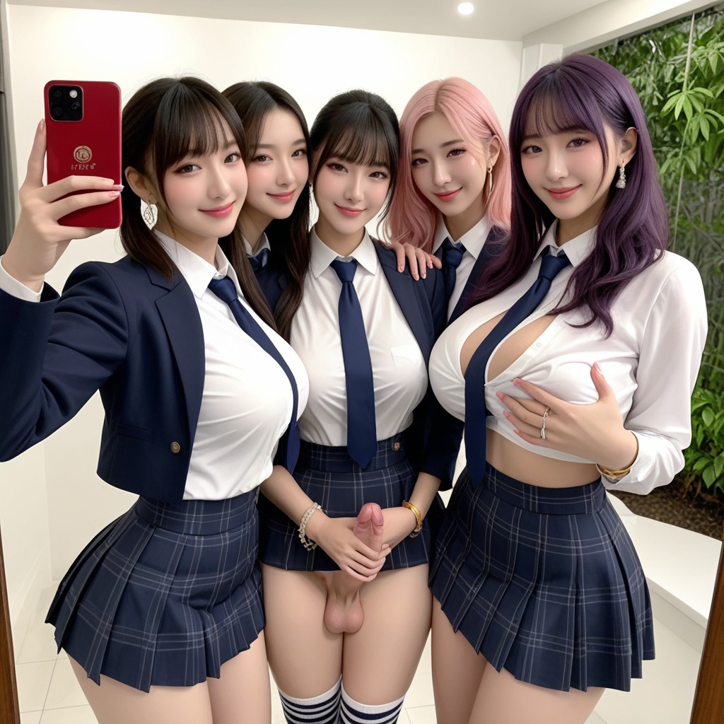 Straight, Group Of Four Futanari, Wavy Hair Asian AI Porn