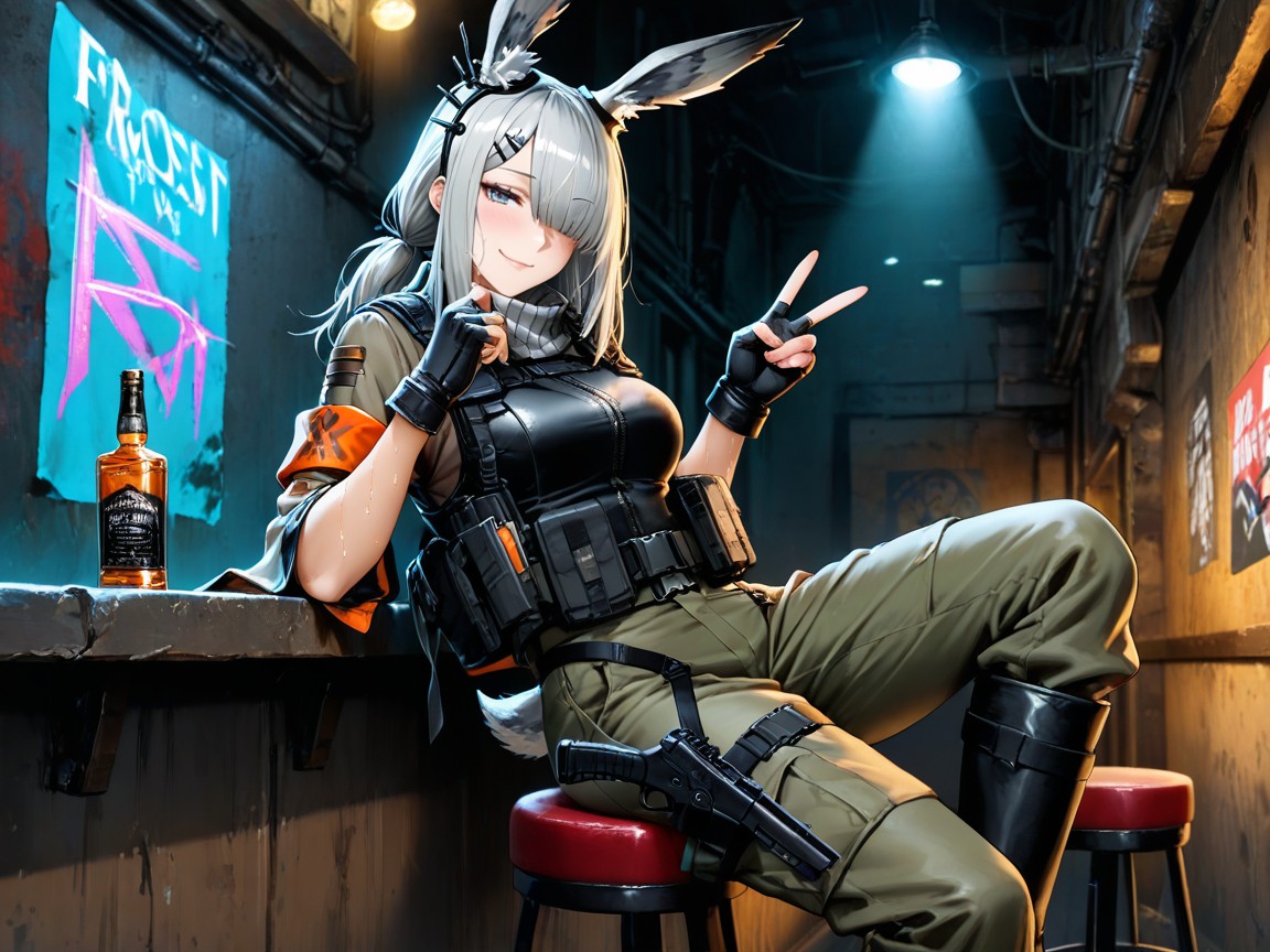 Low Ponytail Hairstyle, Jungle Boots, Peace Sign Hentai AI Porn