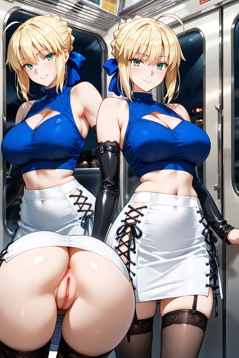Armwear, Blue Shirt, Multiple Views Hentai AI Porn