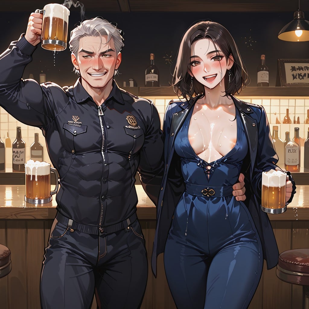 Crowded Biker Bar, Male Smiling Sinisterly, Female Chugging From Large Mug AI Porn
