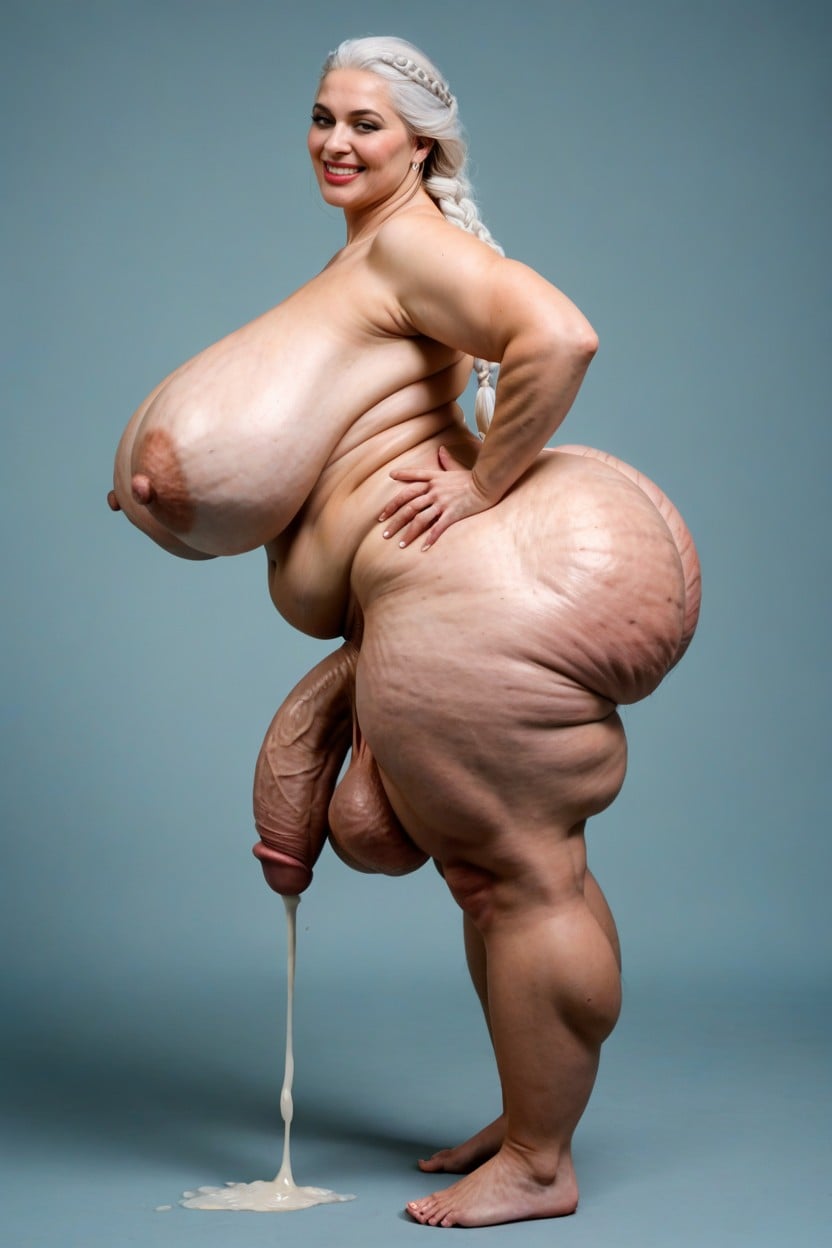 Hands On Hips, Hyper Obese Rolled Overbeautiful Face, Full Body Shemale AI Porn