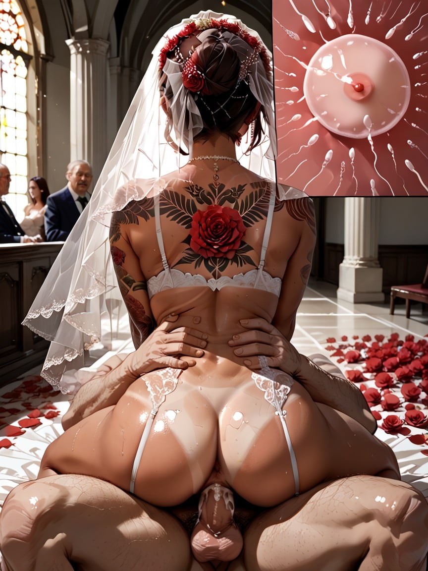 Bride Not Showing Face To Viewer, Red Rose Flower Crown, Many People Around AI Porn