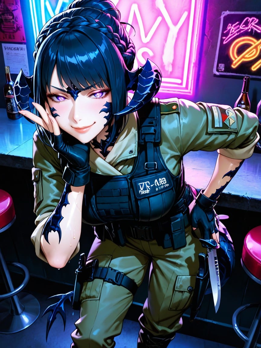 Itting On A Bar Stool, Crown Braid Hairstyle, Dark Olive Cargo Pants Hentai AI Porn