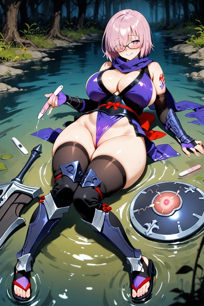 Semen Hair, Purple Thong, A Large Purple And Silver Cross-shaped Shield Hentai AI Porn