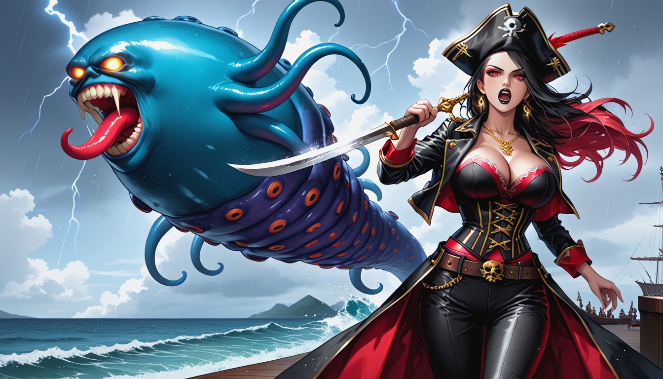 Massive Breast, Waves Crashing Against Pirate Ship Breakghostly Pale Skin, Black Hair Hentai AI Porn