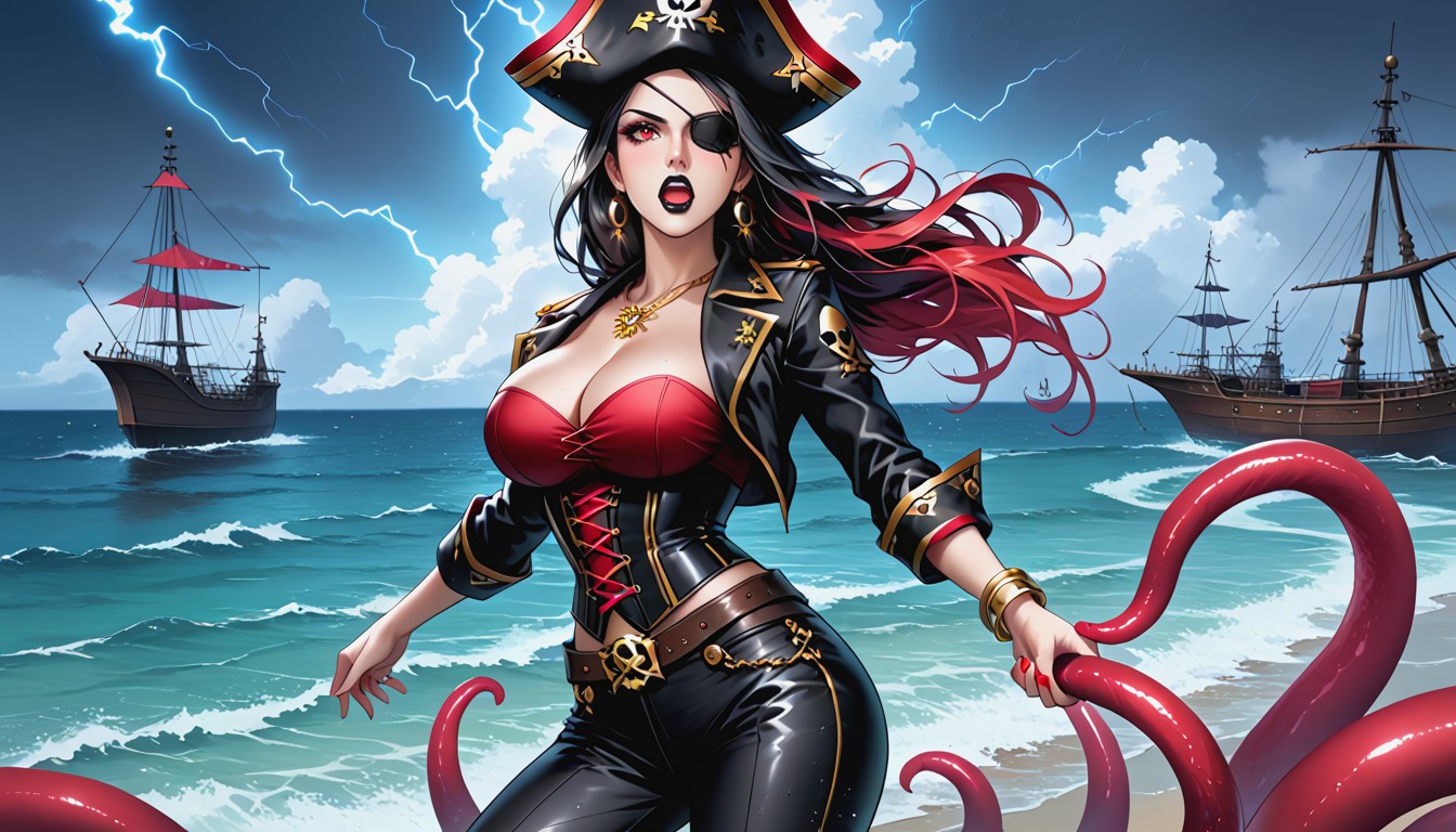 Crimson Corset, Vibrant Red Eyes, Black Hair Hentai AI Porn