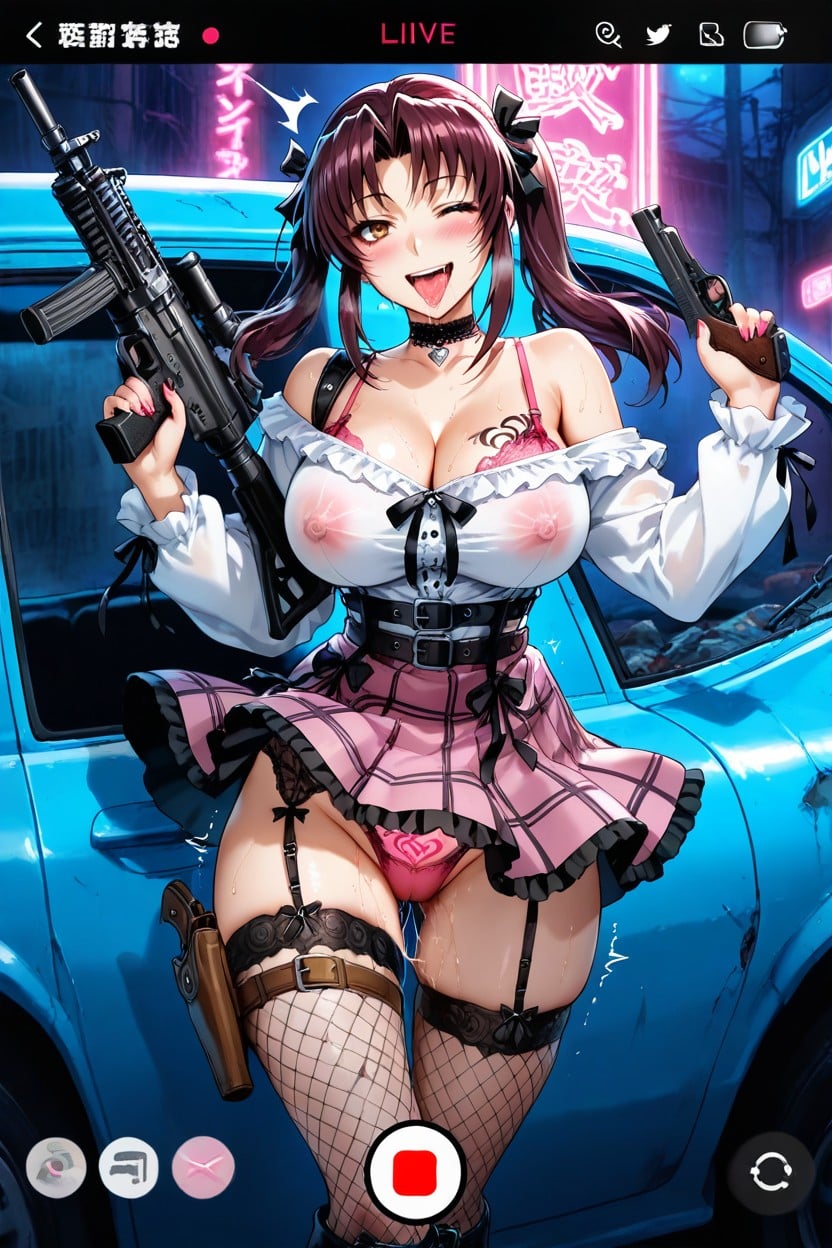 Black Thigh High Fishnet Tights, Smiling Mouth Open, Sweaty Hentai AI Porn