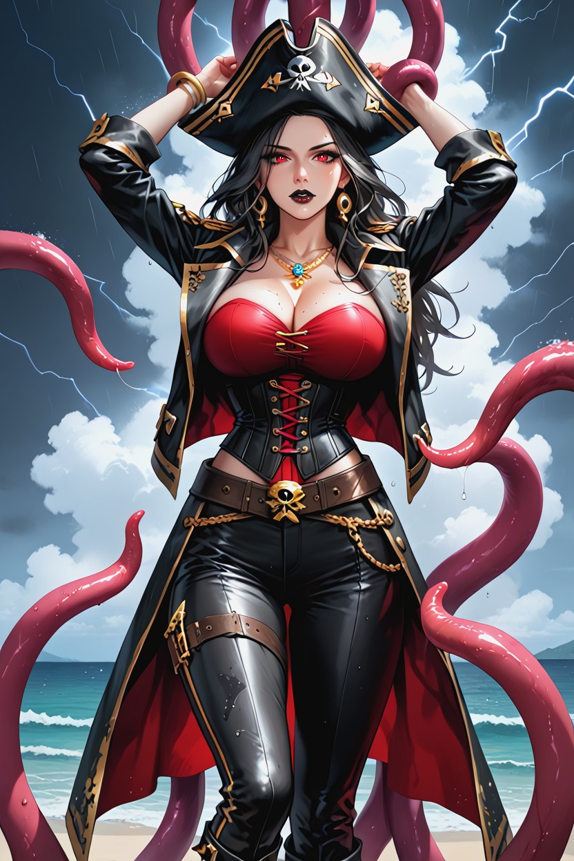 Cleavage, Pirate Ships In Background, Dark Stormy Clouds Hentai AI Porn