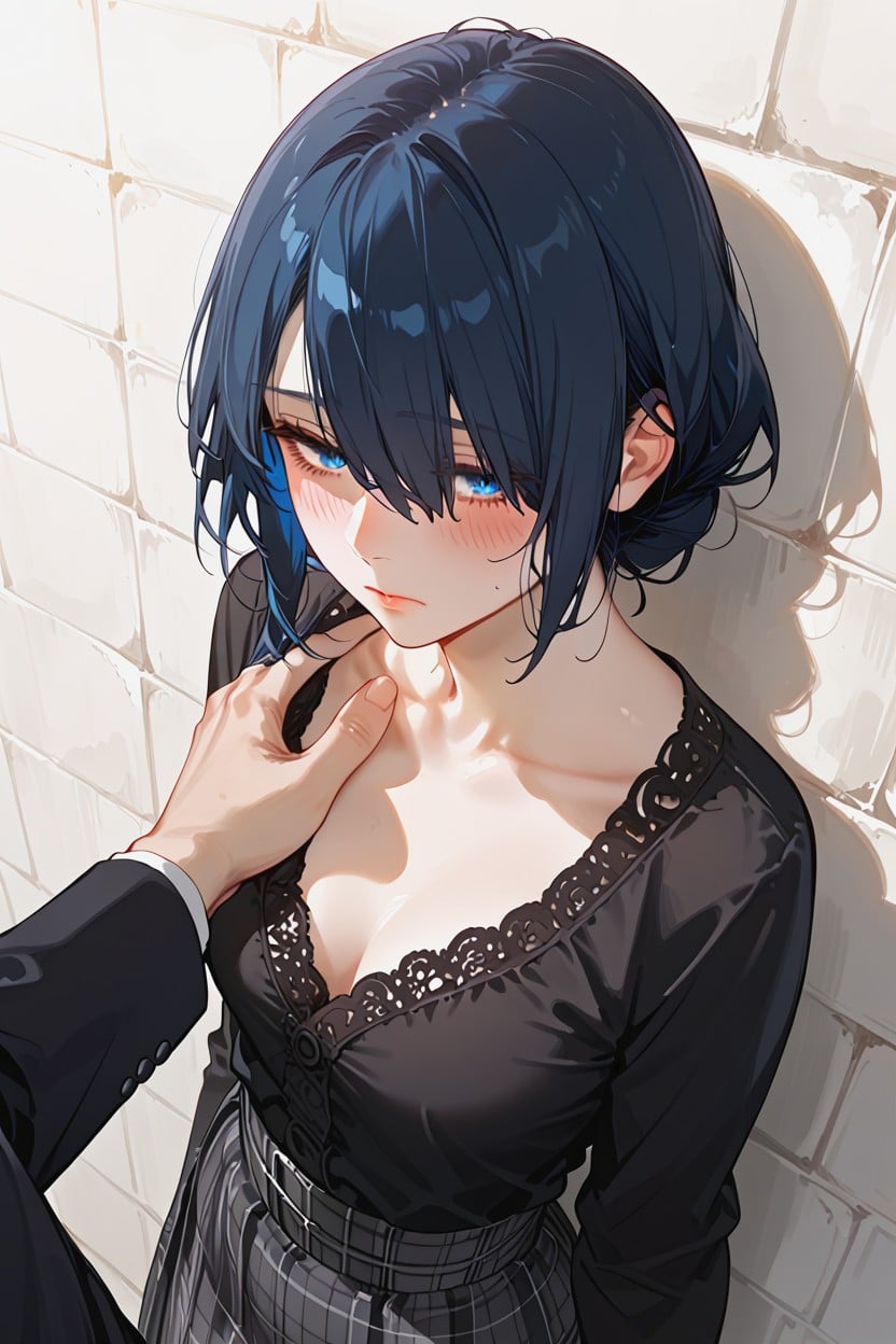 Japanese, Slightly Layered, Deep Dark Blue Hair Hentai AI Porn