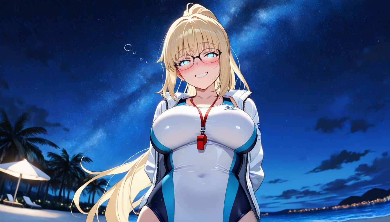 Blonde Jeanne From Fate Grand Order Wearing A White One-piece Swimsuit, Bottom Up, Night Hentai AI Porn