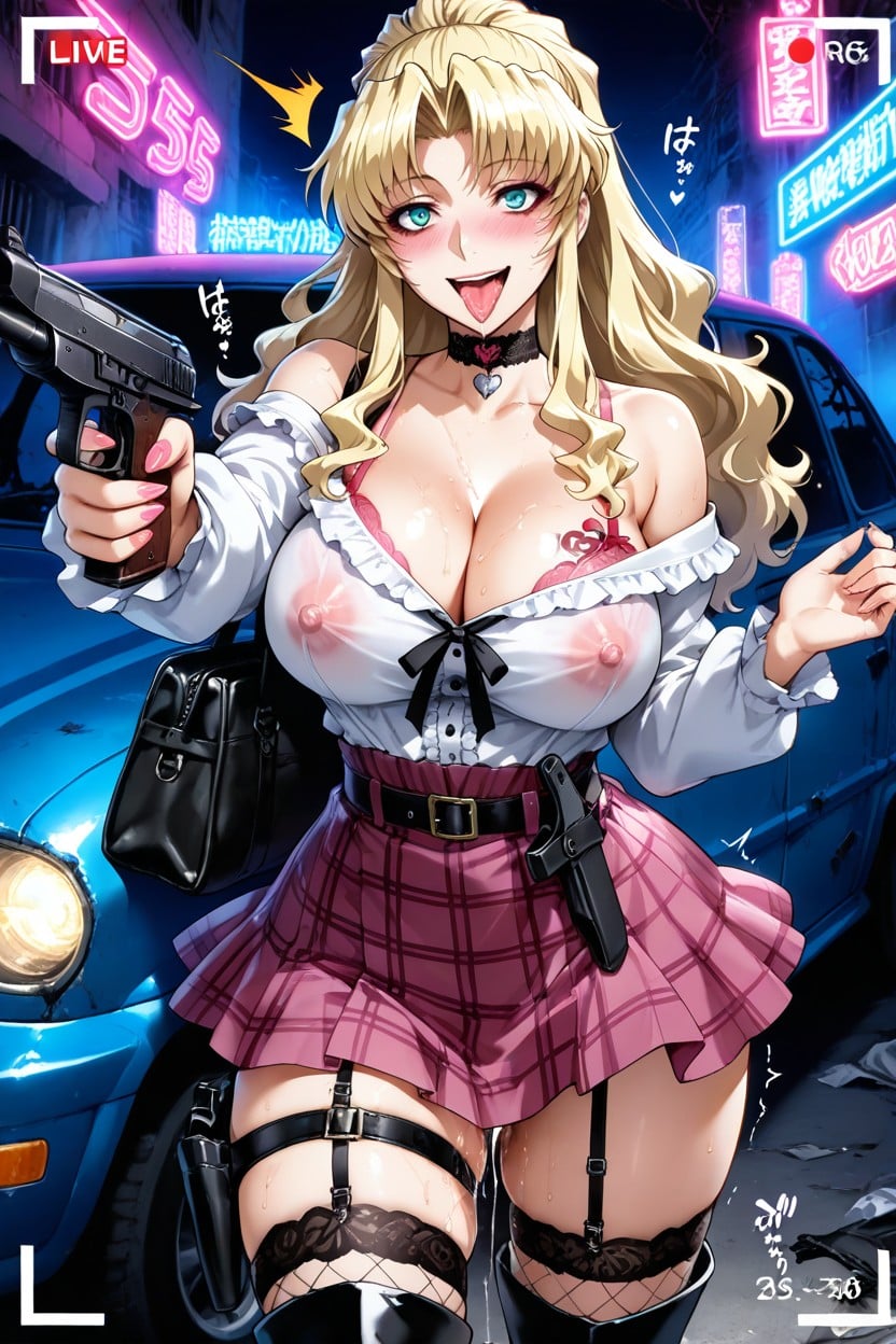 Smiling Mouth Open, Abandoned Car, Japanese Text Everywhere Hentai AI Porn